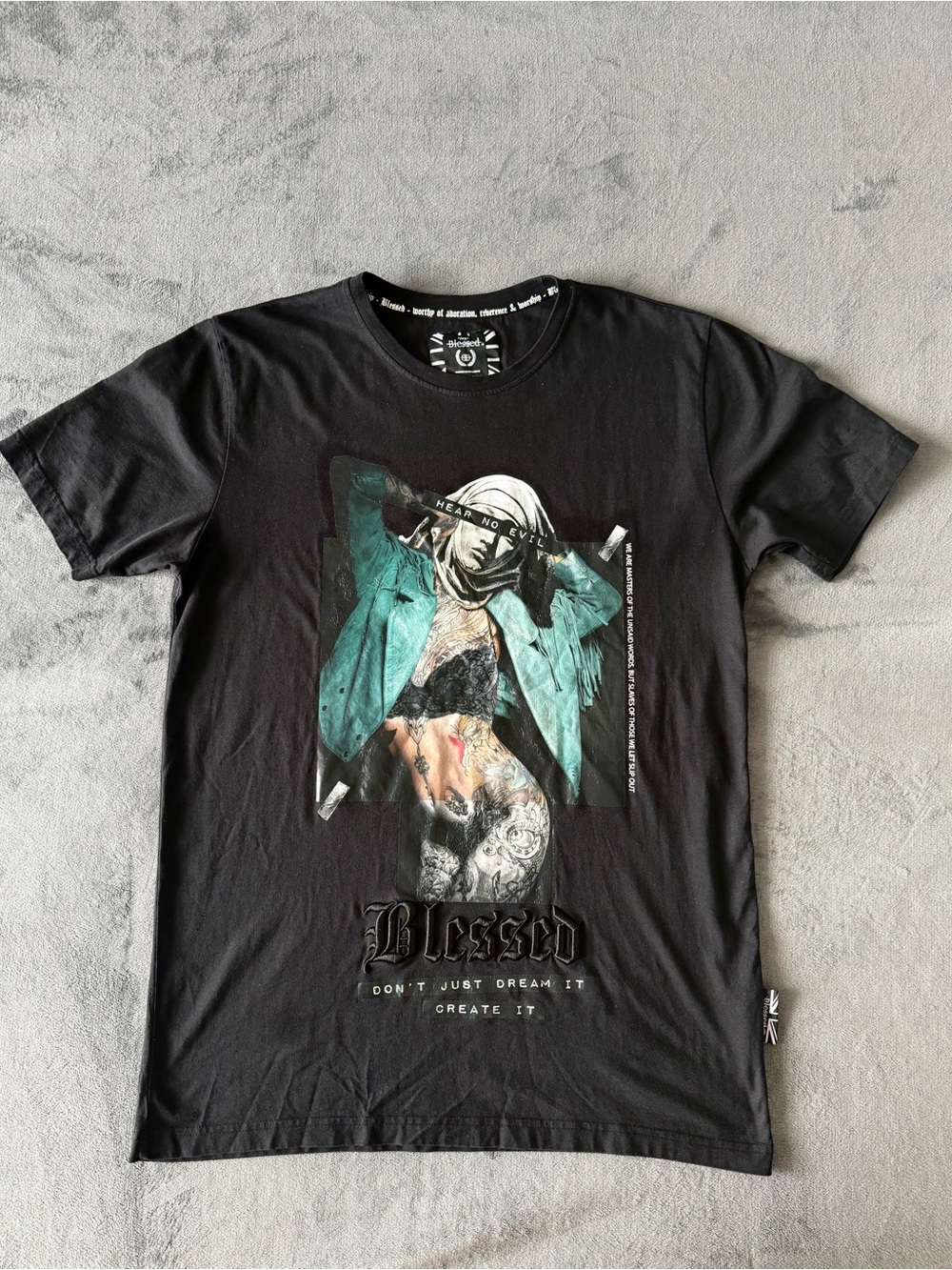 Black Short-Sleeve Graphic Tee with Teal Accent